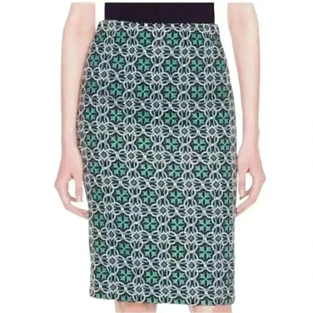 J. Crew Women's Green & Pale Pink Polyester Geometric No 2 Print Pencil Straight
